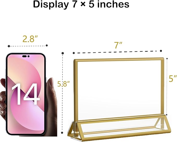 Acrylic Sign Holders Golden Border 8 Pack 7x5 Wedding Table Number Frames Double Sided Table Menu Stands with Horizontal Stand, Photos and Art Display