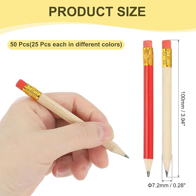 MECCANIXITY Golf Pencils with Erasers, 4" HB Mini Half Pencils Pre Sharpened Small Pens for Wedding Bridal Shower Game Office Writing Drawing(Wood Color/Red, Pack of 50)