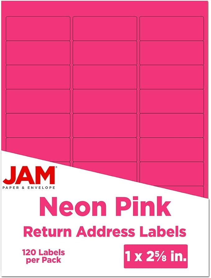 JAM PAPER Return Address Labels - Standard Mailing - 1 x 2 5/8 - Neon Pink - 120 Shipping Labels/Pack