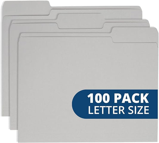 100 Blue Summit Supplies Gray File Folders Letter Size - Durable 11pt Grey Folders, 1/3 Cut 3 Tabs Gray Folders, Holds Letter Size Documents