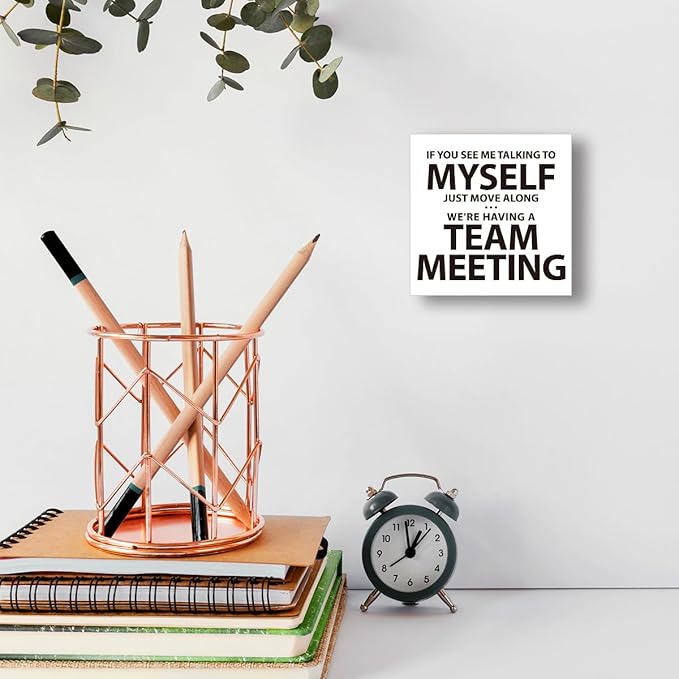 HR Approved Wooden Block Sign "If You See Me Talking to myself..." 5x5x1 INCH, Work From Home Humor Decor with Funny Message, Vintage Style Office Plaque for Desk or Wall
