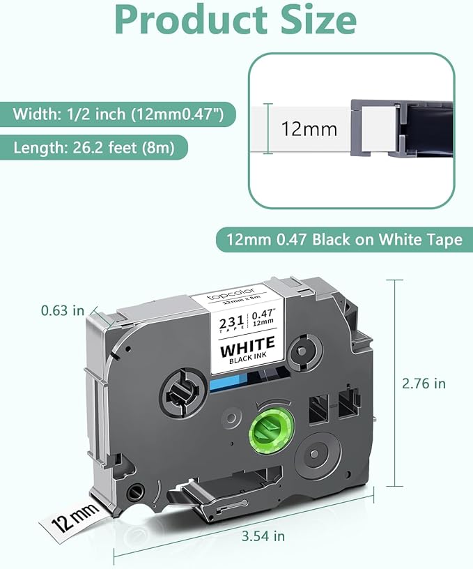 3-Pack 12mm 0.47" Black on White Label Maker Tape Compatible for Brother PTouch Tape 12mm 0.47 White Tze-231 Tz231 Tze Tz 12mm 1/2" Laminated for PT-D210 PT-D202 PT-D220 PTD410 PTD600 PTD400