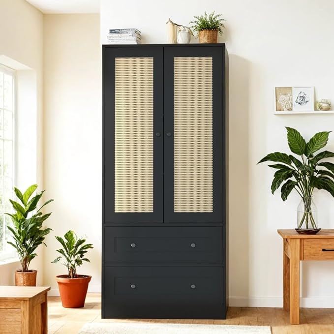 64.2" Tall Rattan Black Kitchen Pantry, Storage Cabinet with Doors and Drawers, Freestanding Wooden Organizer for Kitchen, Dining Room