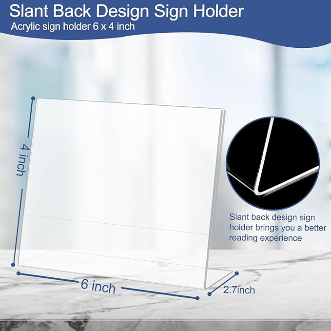 Slanted Back Acrylic Sign Holder 6 x 4, Acrylic Stands for Display Frame, Clear Plastic Tabletop Paper Sign Holder for Office, Home, Restaurant (6 Pack 6x4 Inches)