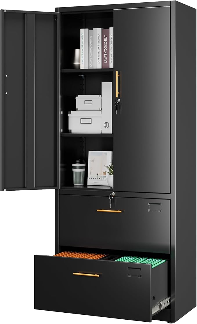 2 Drawer Lateral File Cabinet, Metal Storage Cabinet with Locking Drawers and Adjustable Shelves for Home, Office, Garage, School, Fit for A4/Letter/Legal File, Assemble Required