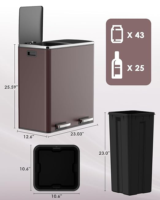 AthLike 60L(16 Gal) Dual Trash Can, Stainless Steel Kitchen Garbage Can, Double Compartment Classified Rubbish Bin, Recycle Dustbin w/Plastic Inner Buckets, Handle, Soft-Close Lid, Airtight, Brown