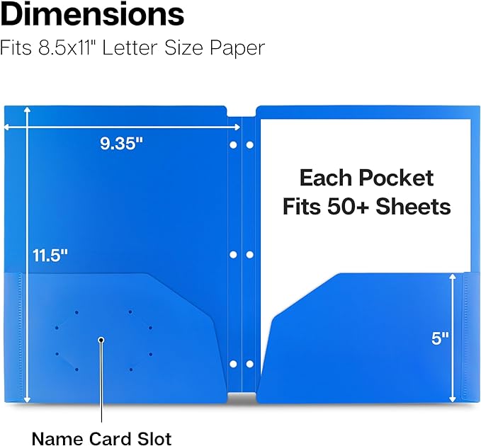 Dunwell Plastic 2-Pocket Folders for 3-Ring Binders, (3 Pack, Blue) 3 Hole Punched, Divider Folder for Notebooks, Durable Poly, Fits 8.5x11 Sheets, Includes Labels