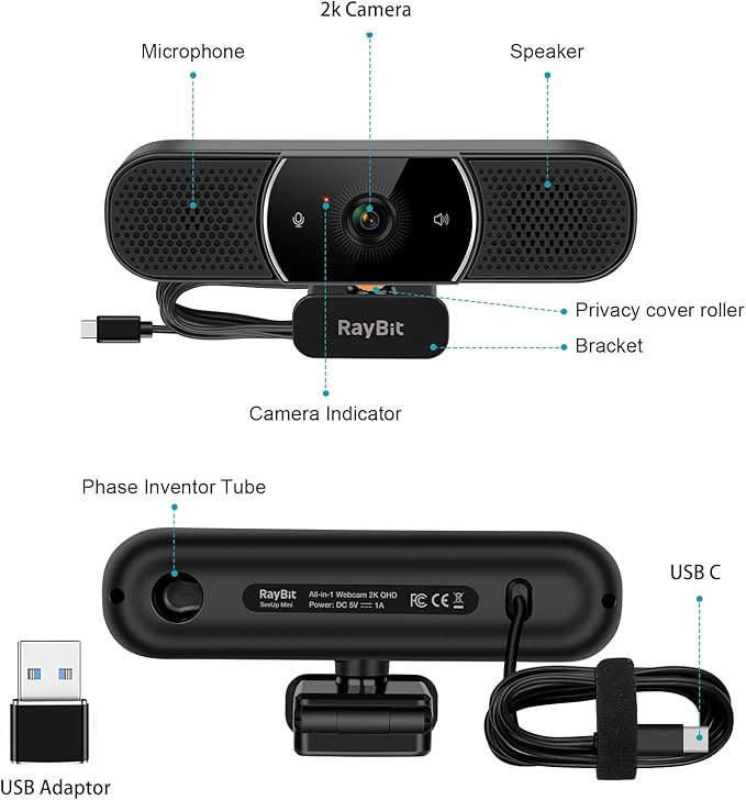 3 in 1 Webcam - 2K HD USB C Webcam with Microphone and Speaker, Stereo Sound & Noise-Cancelling Mics, Privacy Cover, Light Correction, Autofocus Conference Web Camera for Computer/Laptop/PC/Monitor