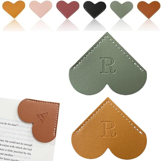 Personalized Leather Heart Bookmark, 26 Letters Customized Corner Book Mark for Reading Women, Book Marker with Initials，Cute Gifts (Green+Light Brown, R)