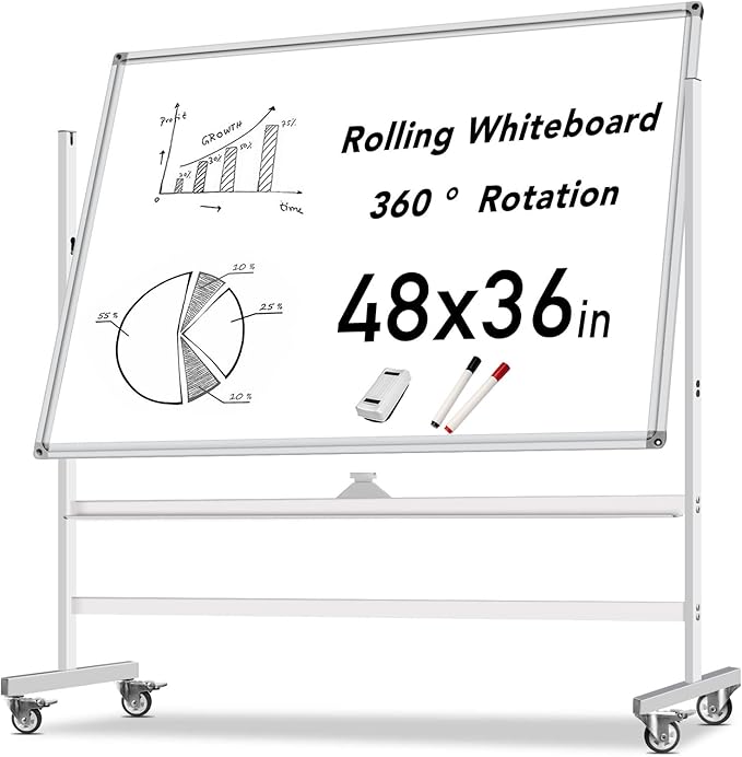Large Mobile Dry Erase Board WhiteBoard, 48×36 inches Height Adjust Double Sided WhiteBoard, Rolling Stand with Aluminum Frame for Home Office Classroom