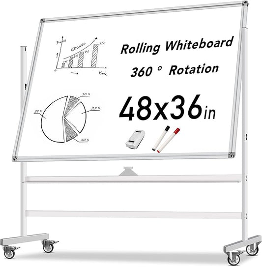 Large Mobile Dry Erase Board WhiteBoard, 48×36 inches Height Adjust Double Sided WhiteBoard, Rolling Stand with Aluminum Frame for Home Office Classroom
