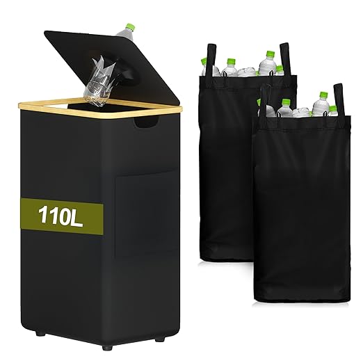 MinBoo Recycling Bin for Kitchen 29Gallon, 110L Recycle Bin with 2 Removeable and Reusable Inner Bag, Large Recycling bin with lid for Bottle Can Plastics Stickers (Black)