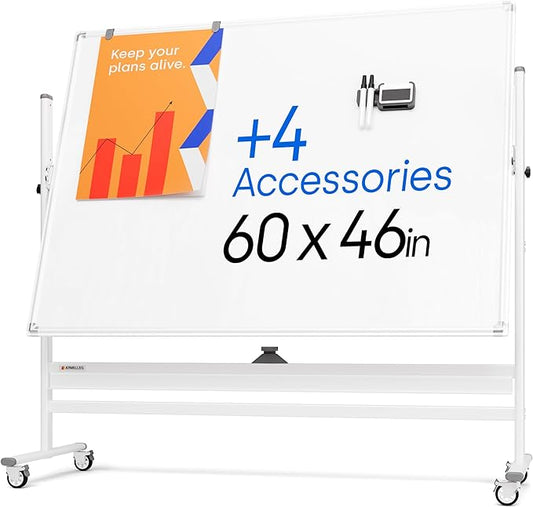 Rolling Dry Erase Board 60 x 46 - Large Portable Magnetic Whiteboard with Stand - Double Sided Easel Style Whiteboard with Wheels - Mobile Standing White Board for Office, Classroom & Home