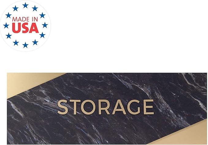 Storage Sign With Braille/Small Business Easy Adhesive Mount Door And Wall Sign / 3" x 9" / Dark Marble Design
