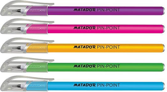 Matador Pin-Point Ball Pen | Oil Based Gel Ink | Soft Rubber Coated Body | 5 Attractive Body Colour | Retractable Fine (0.6mm) NS Tips with TC Ball | Pack of 12 (Blue)