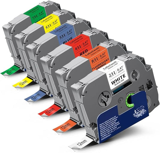 6-Pack TZ Tape 12mm 0.47 Laminated Compatible for P Touch Label Tape TZ TZe-B31 231 131 431 531 631 TZe231 for PTouch PT-H110 D210 D220 H103W, Flu.Orange/White/Red/Blue/Yellow/Green