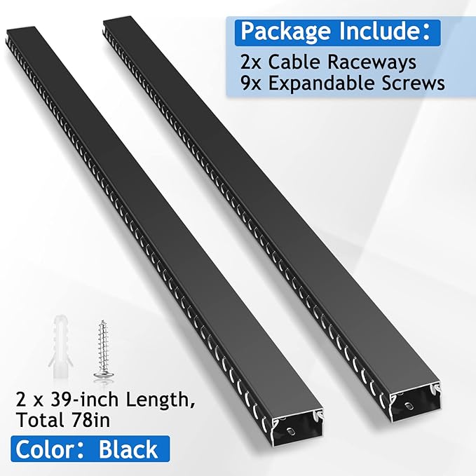 ZhiYo Cable Raceway 78in(2xL39in), Server Rack Cable Management Under Desk Cord Organizer, Electrical Safe PVC Cable Channel Open Slot Wire Raceway for Network/PC/TVs, Wire Duct H1 x W1.6in Black