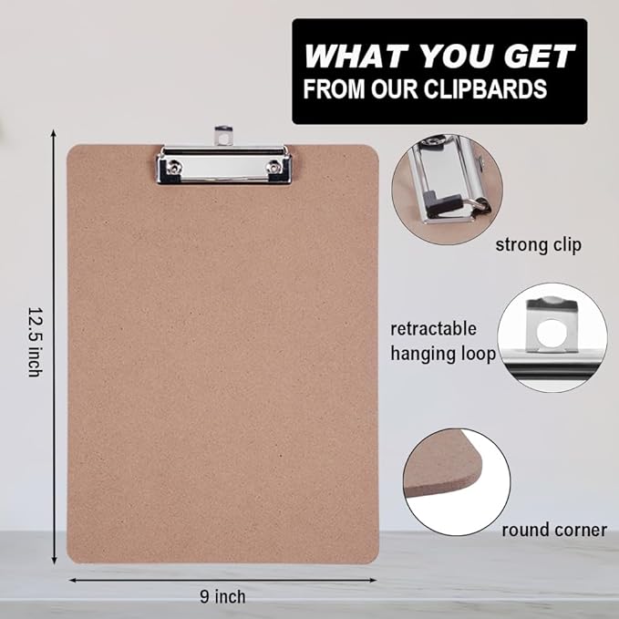 Clipboards Bulk, Woswel Hardboard Office Clipboards 48 Pack,9 X 12.5 Inch Recycled Wood Clip Boards,Low Profile Clip Boards for Home School & Office Supplies