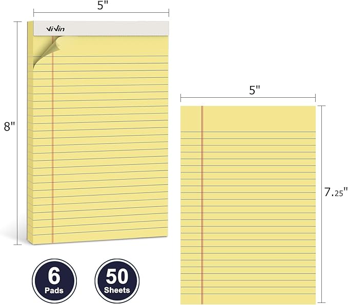 ViVin 5 x 8 Inch Legal Pads, 6 Pack, Narrow Ruled, 50 Sheets Per Writing Pad, Perforated Note Pads Ideal for Home, Office, Business, 300 Sheets, Canary Yellow Paper
