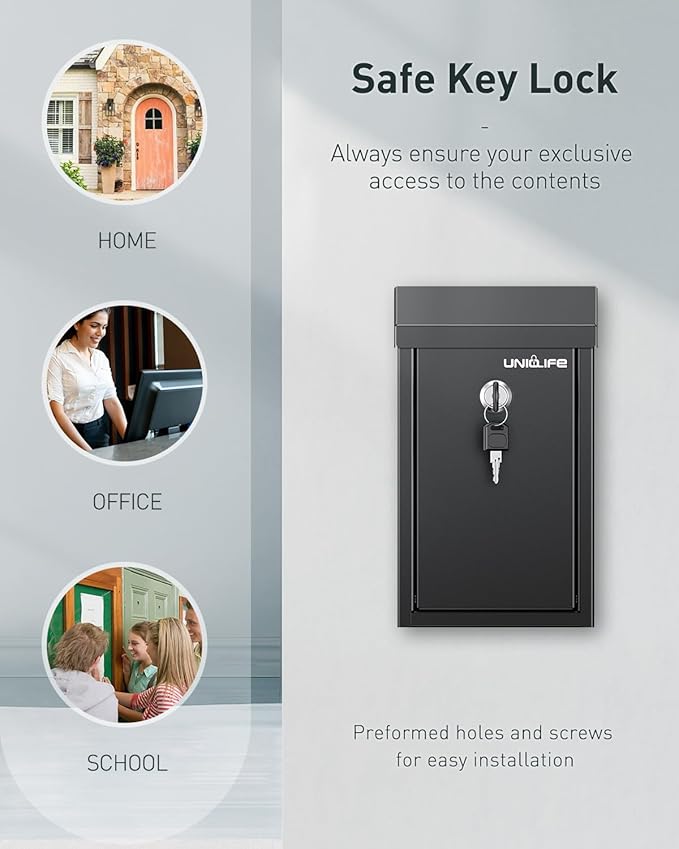 Uniclife Black Metal Donation Box Wall Mounted Mailbox with Top Slot, Collection Box with Key Lock, Safe Suggestion Box, Key Drop Box for Outside, Steel Cash Drop Box for Home Office and Business