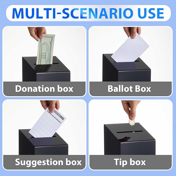 Juexica 1 Pc Acrylic Donation Box 10.2" x 5.6" x 4" Suggestion Box with Lock and Slot Wall Mount Safe Key Drop Ballot Fundraising for Home Office Vote (Black)