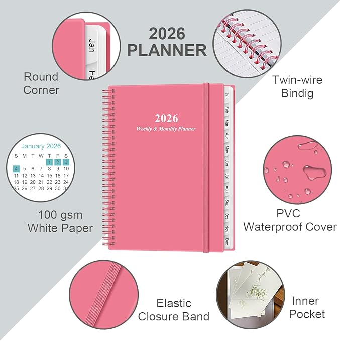 2026 Planner - Planner 2026 from January 2026 to December 2026 with 12 Monthly Tabs, Flexible Cover, Inner Pocket, 8.5" x 11", Pink-B