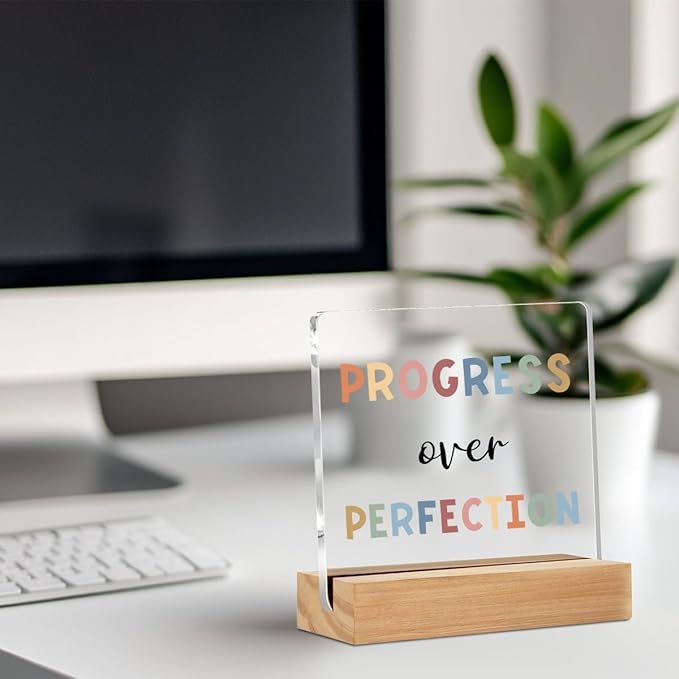 Christmas Thank You Gifts, Inspirational Desk Decor, Motivational Gifts Acrylic Sign - progress over perfection, Positive Affirmations Gifts for Teacher , Classroom Decorations Office Home Bedroom Decor