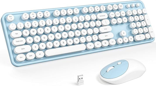 Wireless Keyboard and Mouse, Typewriter Full Size Keyboard with Number Pad and 2 in 1 USB Connected Mouse for Mac, Windows 7/8/10, Laptop, Desktop, PC, Computer (Blue-White)