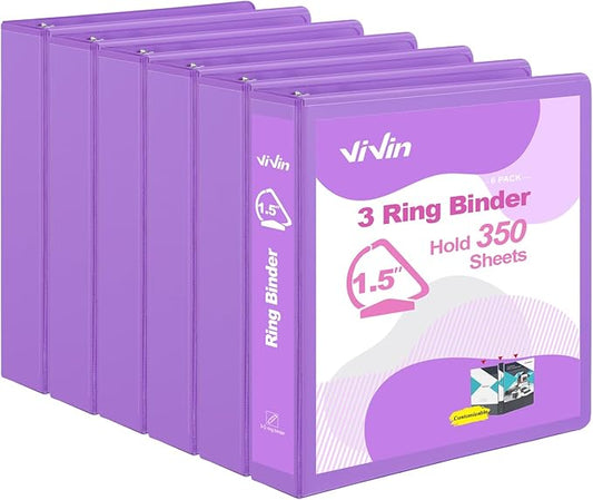 ViVin Sturdy 1.5 Inch 3 Ring Binder with Pockets, Slant-D Ring, PVC-Free, Customizable Clear View Binder,Holds 350 Sheets of 8.5" x 11" Paper,6 Pack (Purple)