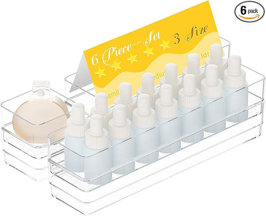 6 PCS Clear Plastic Drawer Organizer Set, 2 Sizes Acrylic Drawer Storage Trays Non Slip Storage Bins for Makeup, Jewelry, Gadgets for Kitchen, Bedroom, Bathroom, Office