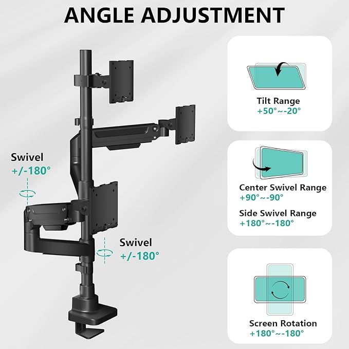 WALI Triple Monitor Mount - Extra Tall 3 Monitor Desk Mount for 13 to 49" Ultrawide Screens, Up to 44 lbs, Fully Adjustable Heavy Duty Gas Springs, VESA 75/100 mm (GSDM003-P), Black