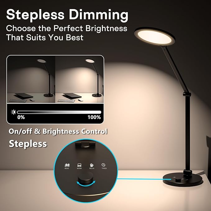 LED Desk Lamp for Home Office, Eye-Caring Modern Desk Light, 3 Color Temperature 10 Brightness Computer Light, Dimmable Desk Light with Memory & Timer Func, Metal Swing Arm Table Lamp