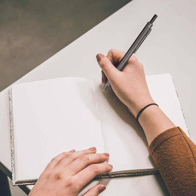 smttw 4 in1 Multi-Function Refillable & Retractable Ballpoint Pen + 0.7mm Mechanical Pencil, Fine Point, Grey Metal Barrel, With Black/Red/Blue Inks Color Code, Multicolor Pen With Metal Gift Box