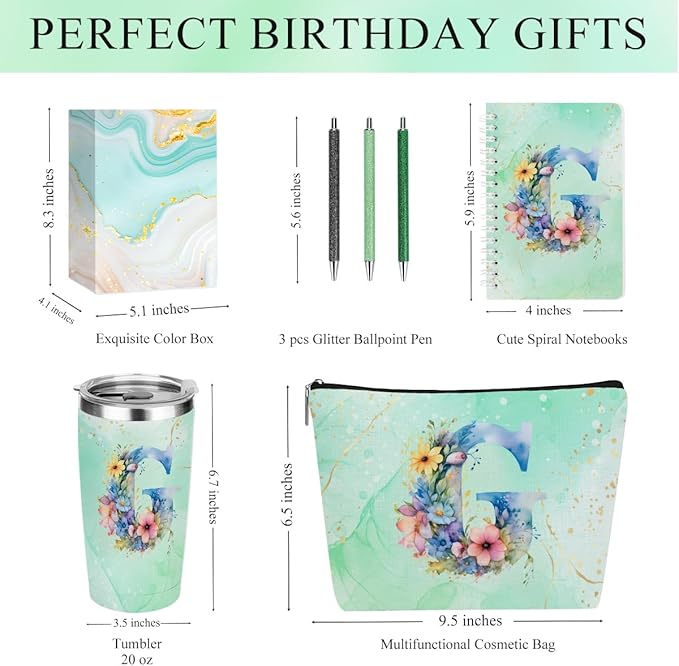 Personalized Gifts Monogrammed Birthday Gifts for Women, Mentor Employee Boss Day Christmas Initial 20 oz Tumbler, Makeup Bag Cup Ballpoint Pens Journal Notebook 6 Set, (Aesthetic Green Flower G)