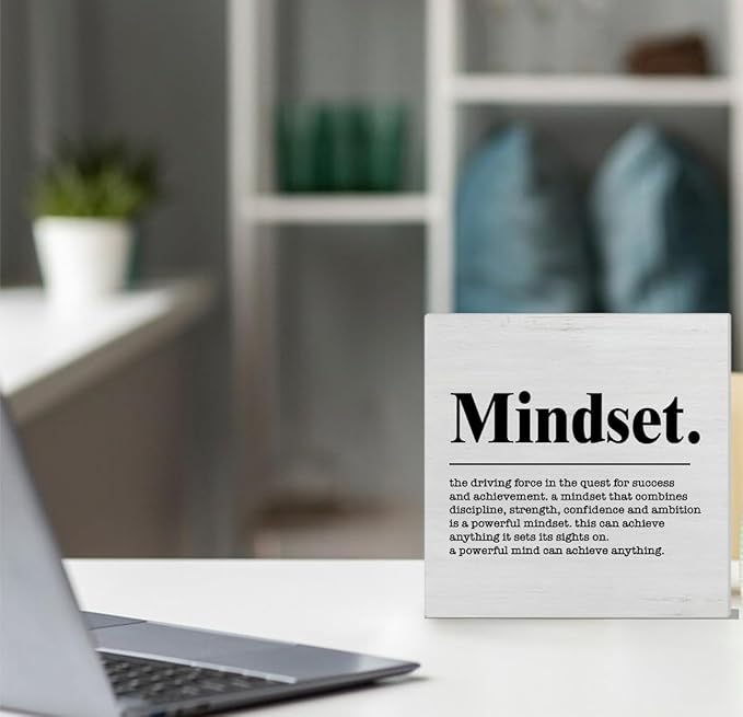 Inspirational Sign Mindset Definition Wooden Sign Home Office Decor 5 X 5 Inches Motivational Mindset Wood Block Signs for Desk Shelf Table