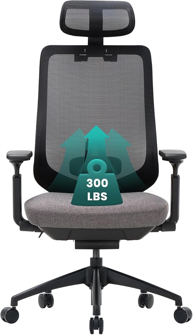 COLAMY Ergonomic Office Chair, High Back Office Executive Desk Chair, Mesh Office Chair Lumbar Support with Adjustable Headrest and 4D Arms, Slide Seat, Tilt Lock-Darkgrey