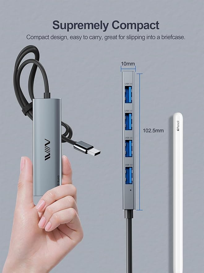 USB 3.0 Hub,4 Port USB Splitter Extender Portable Adapter Multiport Data Hub for Laptop,Xbox, Flash Drive,HDD,Console,Camera,Keyborad,Mouse Windows,Mac OS PC,Not Designed to Charge Devices-Grey