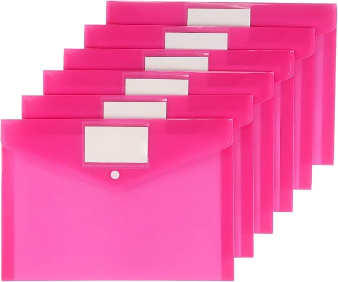 6 Pack Clear Document Folders Plastic Envelopes Poly Envelopes File Envelopes with Label Pocket and Snap Button for Home Work Office Organization, Letter Size/A4 Size (Pink)