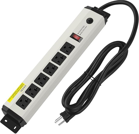 CCCEI 12 Gauge Heavy Duty Power Strip Surge Protector 4800J, 20 Amp 6 Plug Industrial Shop Garage Metal Multiple Outlets, 25 FT Extension Cord 5-15P Adapter High Amp 6-20R T-Slot 20a for Appliance.