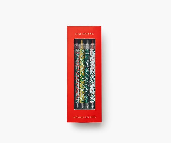RIFLE PAPER CO. Mistletoe Metallic Gel Pen Set of 4 | 0.7mm Rollerball Tips, Bring a Touch of Festive Flair to Your Writing, Stand Out With Mettalic Ink