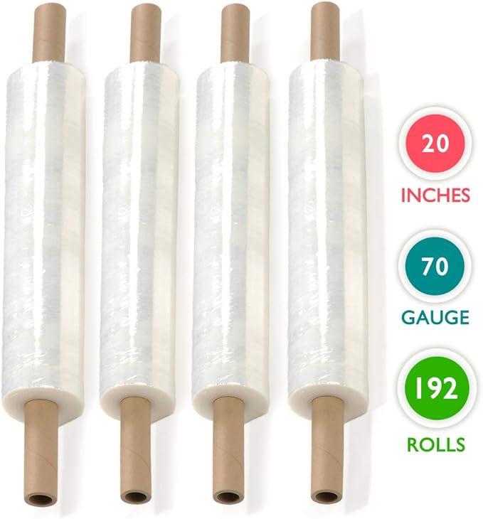 20 inch x 1000 Feet Stretch Wrap Extended Core Handle, Clear Stretch Film, 192 Rolls