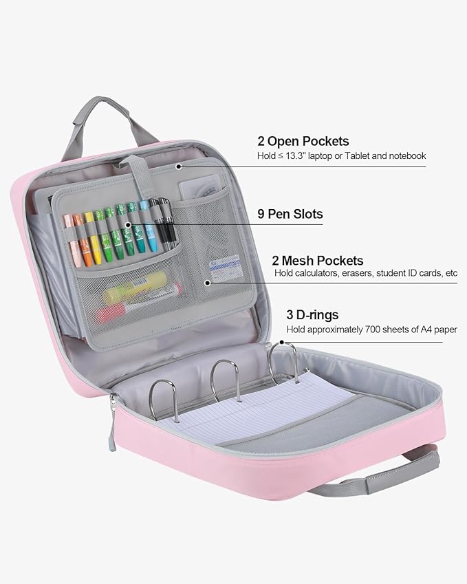 3 Inch 3 Ring Zipper Binder with Shoulder Strap & Handle & Multi-Pocket - 3" Binder with Zipper for School Girl & Boy, Compatible with 13-Inch Laptop MacBook/Tablet-Patent Design-Pink02