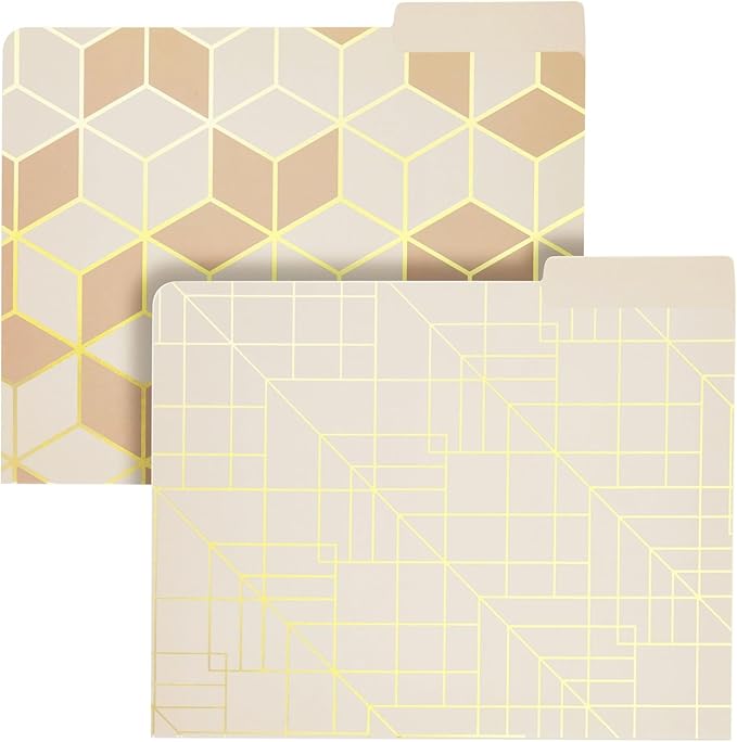 Paper Junkie 12-Pack Cute Geometric Gold Foil Decorative & Colored File Folders, Letter Size (9.5x11.5 in) - 1/3-Cut Tab File Folders for Office Supplies - Aesthetic Office Supplies