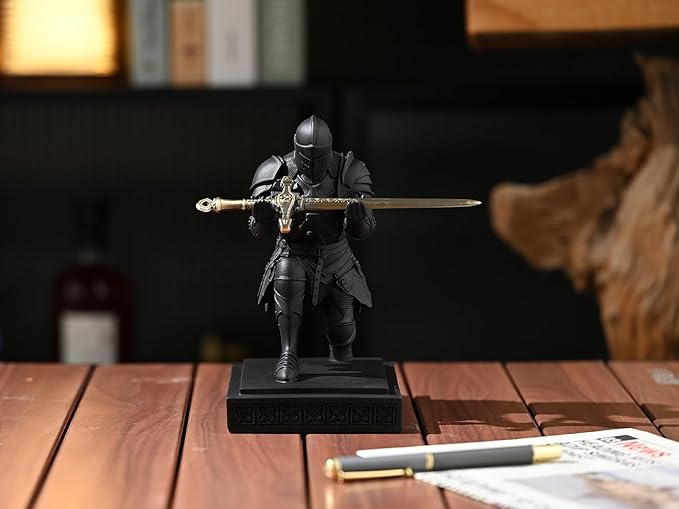 Medieval Armored Warrior Knight Pen Holder Desk Organizers and Accessories Resin Pencil Holder Paperweight as Gift with a Cool Letter Opener for Desk (Black)