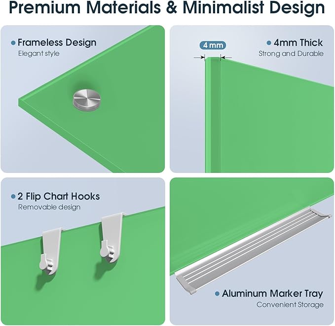 MaxGear Glass White Board 36x24, Green Wall Mounted Magnetic Glass Dry Erase Board, Large Frameless Whiteboard with 1 Eraser,3 Markers and 6 Magnets for Office, School, Home