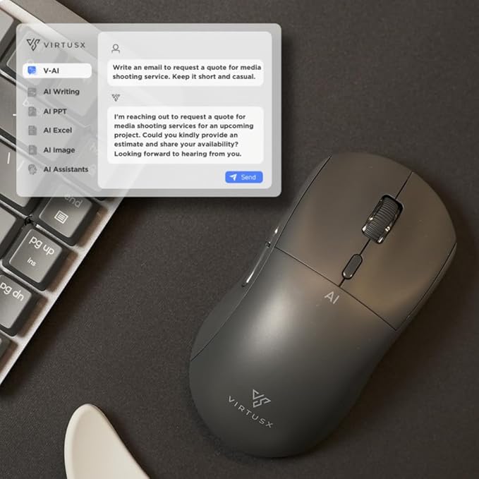 Virtusx AI Mouse, Jethro V1 – AI Voice & Audio Recorder, Note Taking Mouse for Computer & Laptop with Centralized AI Software, AI Writing Tools, Voice Typing, Transcribe, Translate & Summarize