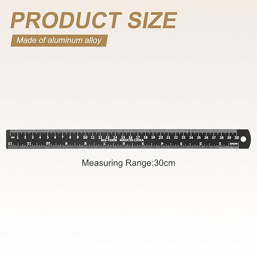 HARFINGTON 2pcs Metal Straight Ruler 30cm Metric SAE Aluminum Alloy Measuring Rulers Scale Tool with Hole for Measure Study Reading Classroom Office, Black