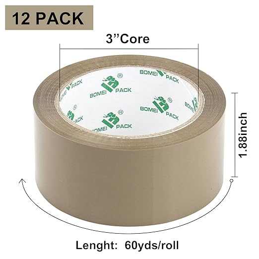 BOMEI PACK Brown Packing Tape Refills, Heavy Duty 12Rolls with 1 Dispenser for Packaging, Shipping and Moving, 2.6Mil 1.88 Inch x 60 Yard