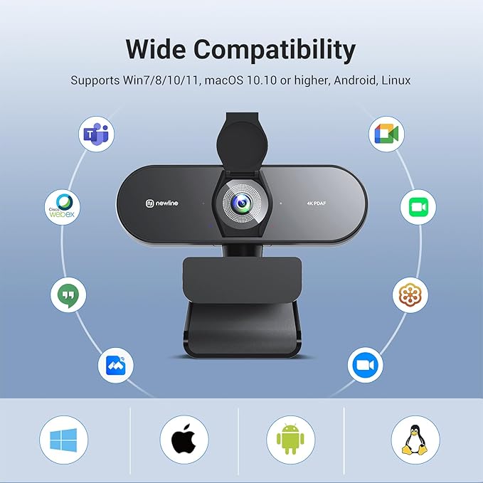 N newline 4K Webcam for PC, PDAF/CDAF Autofocus, 1080P@60FPS, 79° FOV, Auto Light Correction, 2 Noise Reduction Mics, Privacy Cover, USB-A, Streaming Camera for Skype, Teams, Online Meeting, NewEye 62