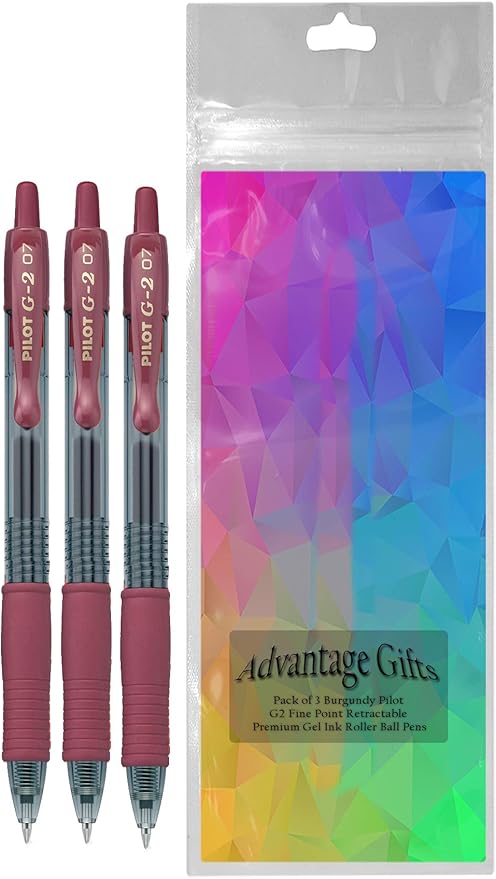 G2 Retractable Premium Gel Ink Roller Ball Pens Fine Point Fine Point (.7mm) Burgundy Ink 3-pk; Refillable & Premium Comfort Grip Bundle with Plastic Reusable Pouch